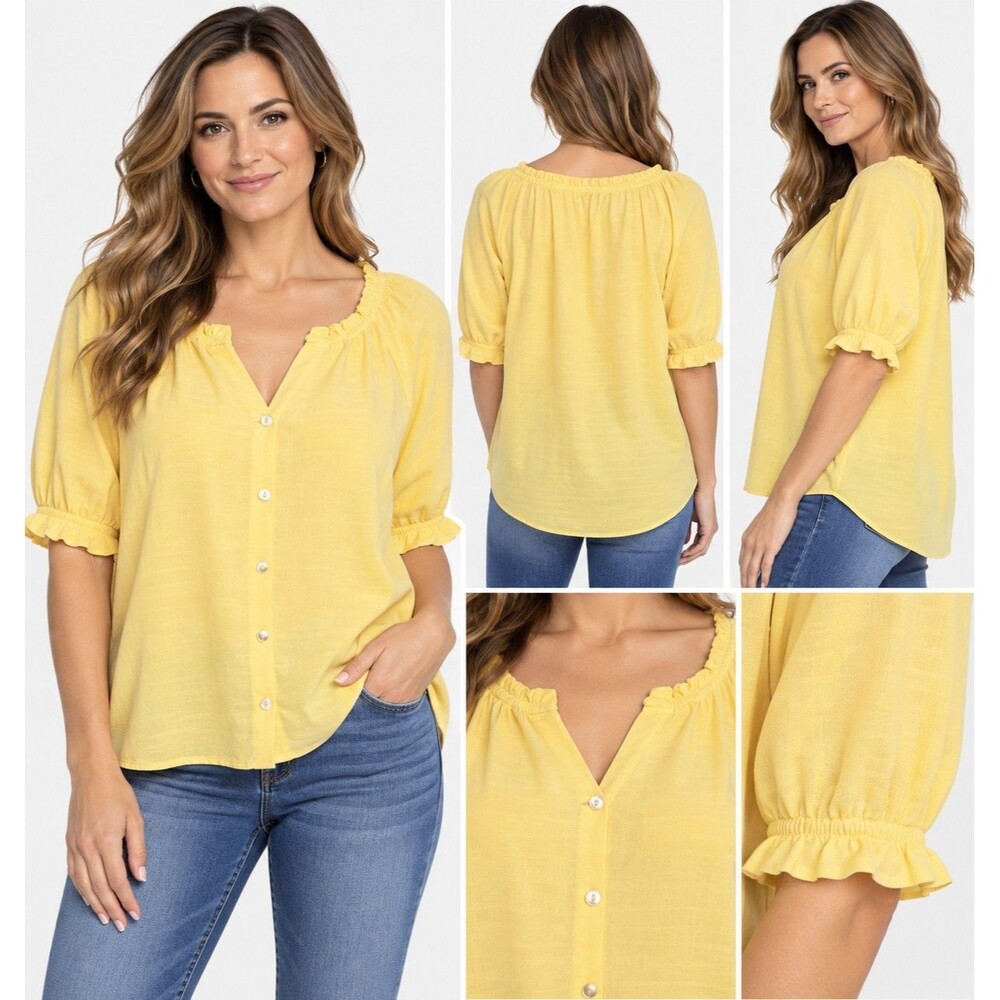 Nine West Jeans Women’s Large Yellow Blouse NWT Button Front Peasant Ruffle Top